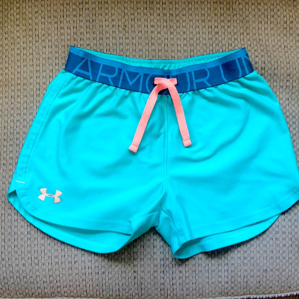 Under Armour girls shorts, green/blue with tangerine string color, size M